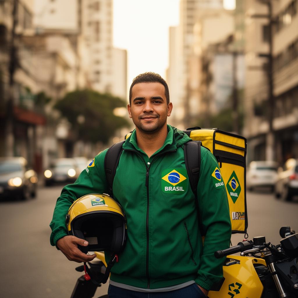 Mototaxista brasileiro com capacete na mão