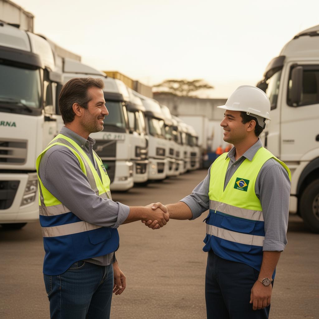 Gestor de frota cumprimentando motorista no pátio logístico
